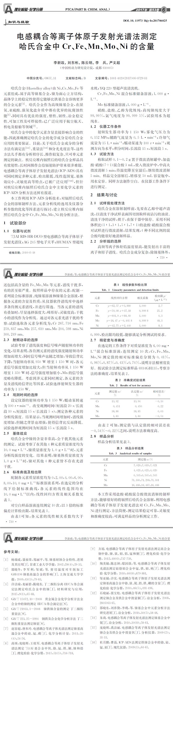 電感耦合等離子體原子發(fā)射光譜法測(cè)定哈氏合金中Cr、Fe、Mn、Mo、Ni的含量