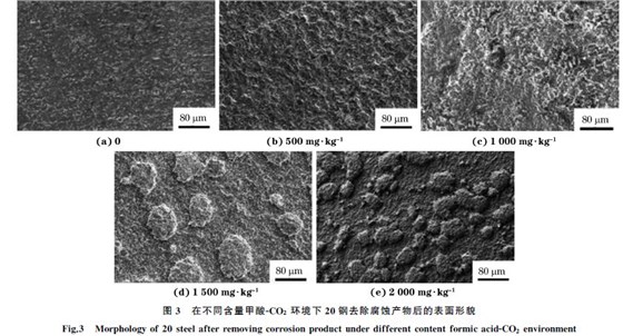 圖3 在不同含量甲酸GCO2 環(huán)境下20鋼去除腐蝕產物后的表面形貌 圖3 在不同含量甲酸GCO2 環(huán)境下20鋼去除腐蝕產物后的表面形貌